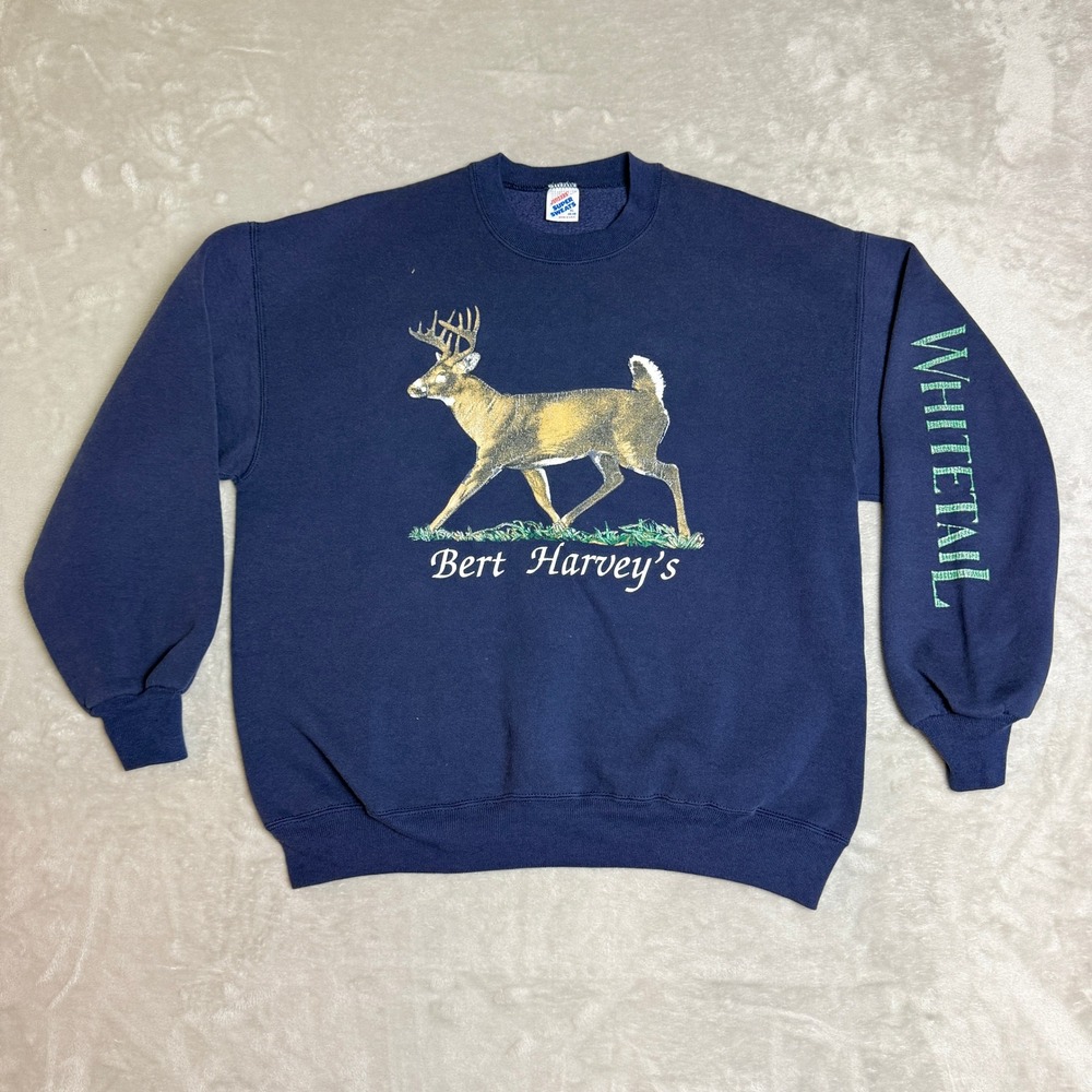 Vintage Jerzees Super Sweats Sweatshirt Mens XL Navy Blue Whitetail Deer 90s USA